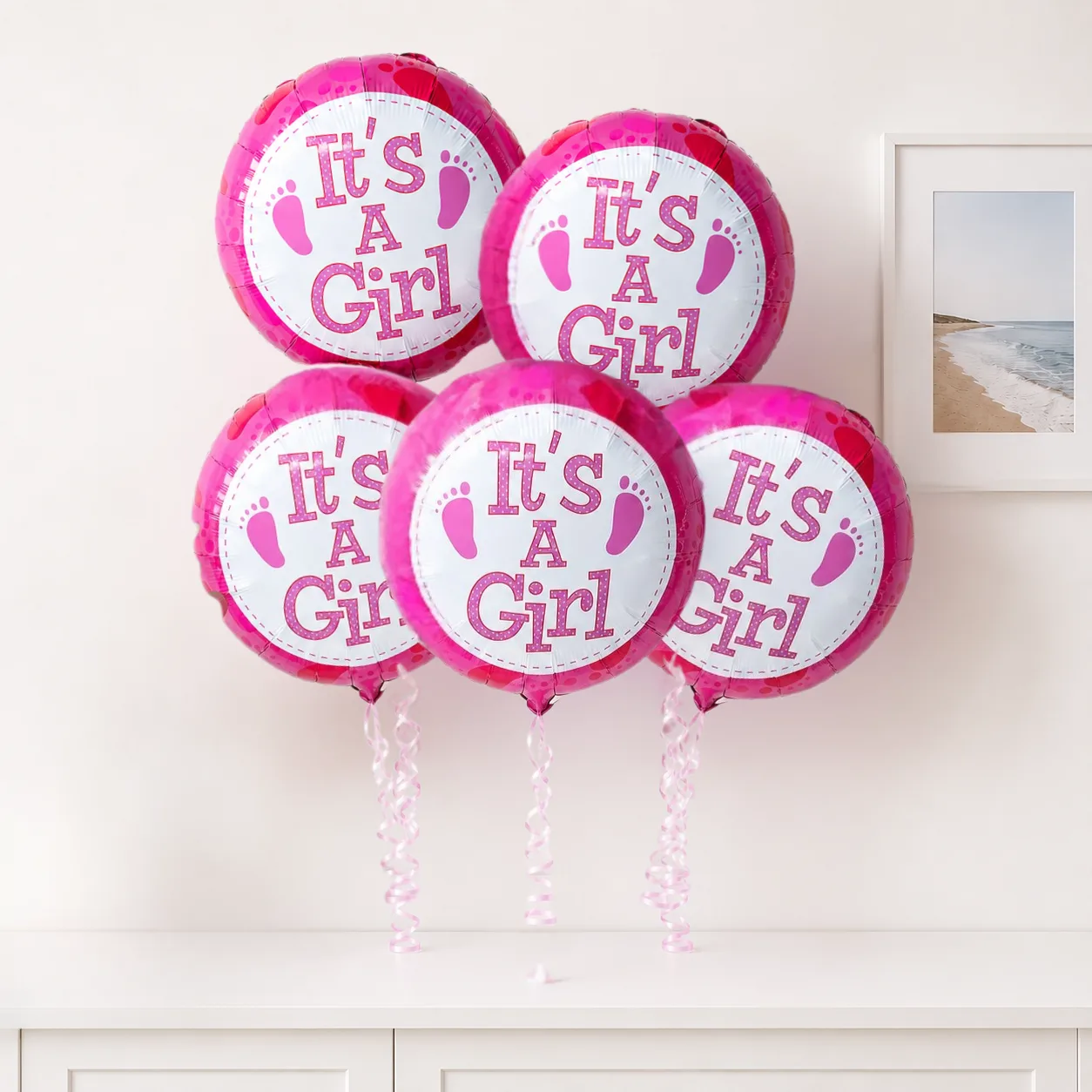 It’s a Girl Helium Balloon Set of 5 with pink baby girl themed balloons