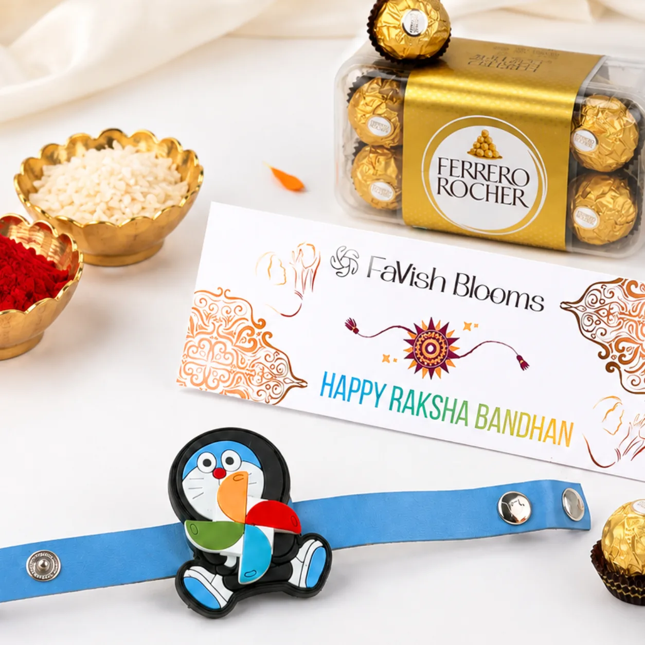 Doraemon Rakhi gift set with chocolate treats for a fun Raksha Bandhan surprise