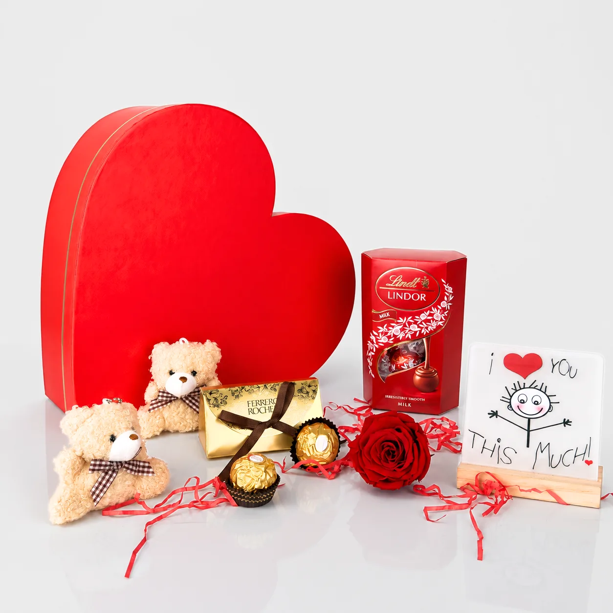 Heart of Love Chocolate & Teddy Gift Box with premium chocolates and a cute plush teddy bear