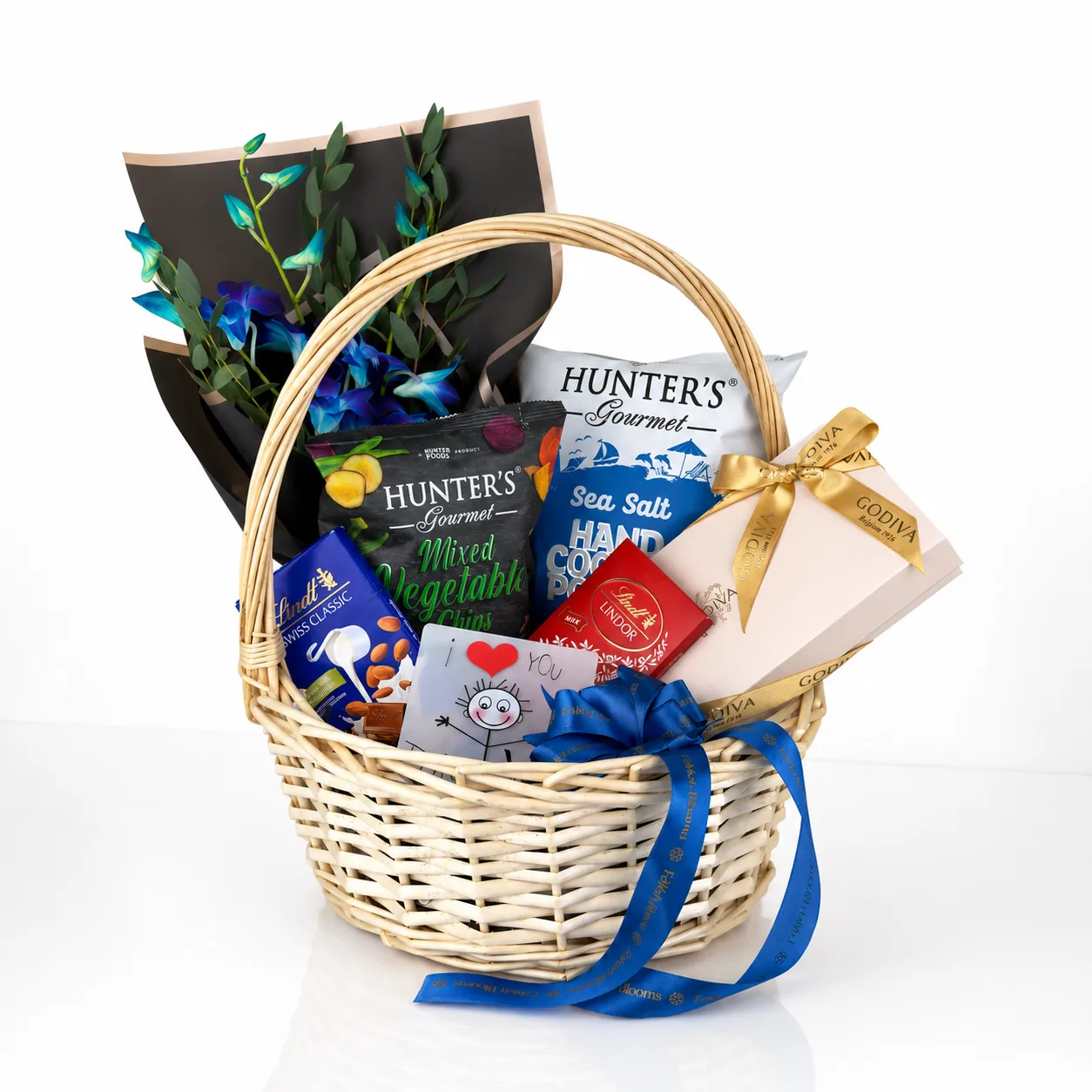 Godiva & Lindt Floral Gift Basket with luxury chocolates, fresh blooms and an elegant gift presentation