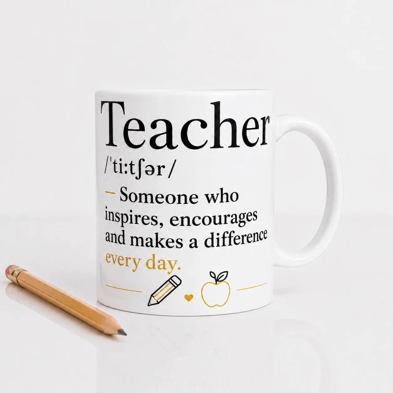 White ceramic teacher mug featuring “Someone who inspires, encourages and makes a difference every day” quote