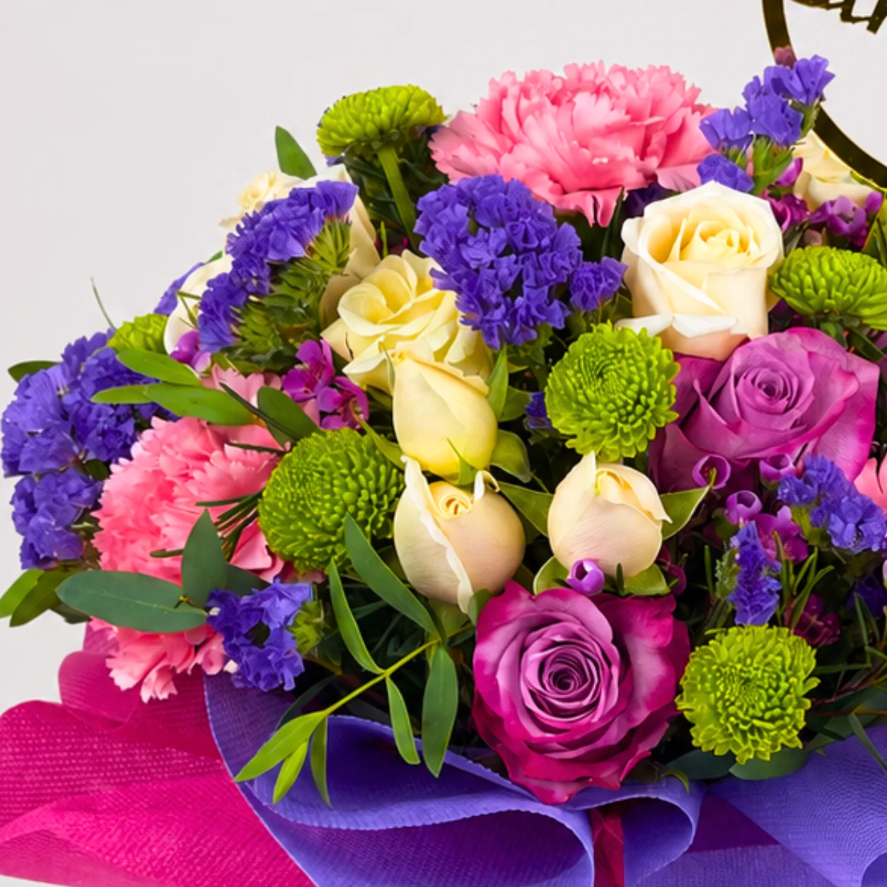 Elegant birthday flower vase arrangement with roses, carnations, chrysanthemums and seasonal fillers