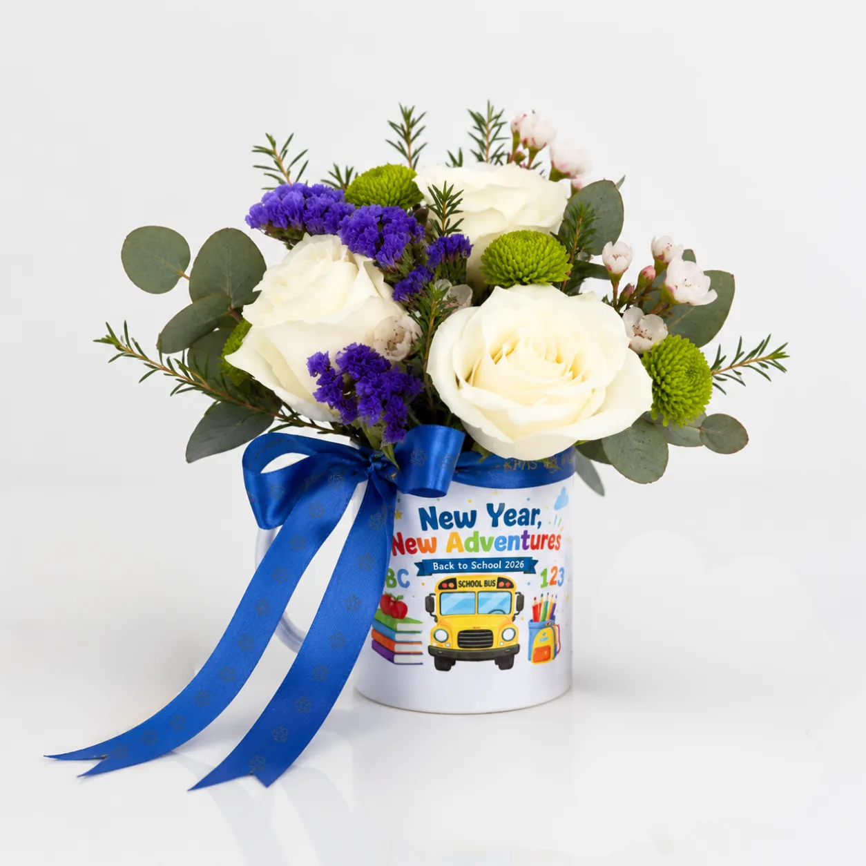 Back to School Floral Mug Arrangement with fresh flowers in a cheerful school-themed ceramic mug