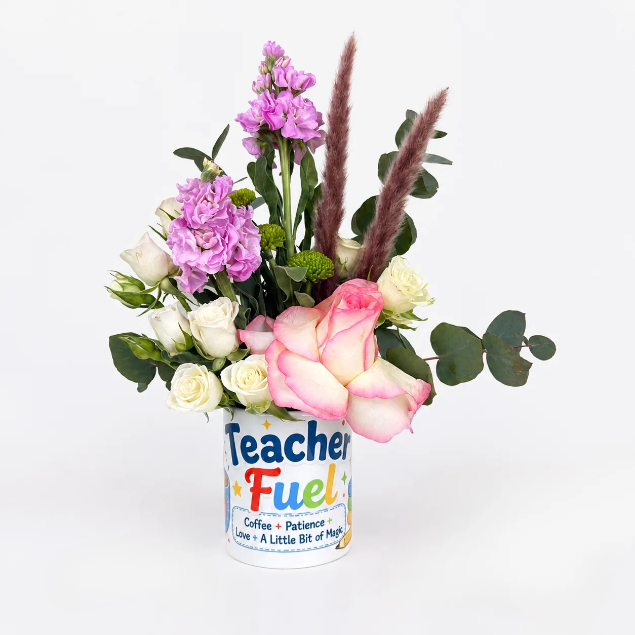 Teacher Appreciation Floral Mug Arrangement with fresh flowers in a printed ceramic teacher mug