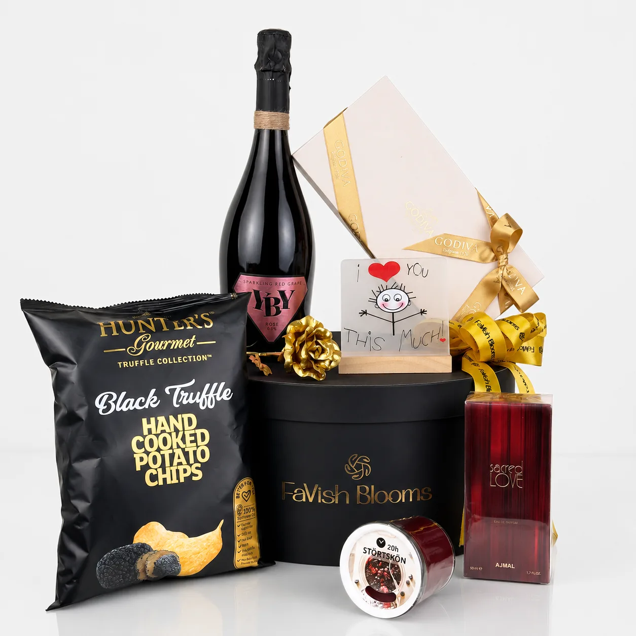 Close-up of Sparkling Love and Godiva Hamper with luxury chocolates and premium packaging