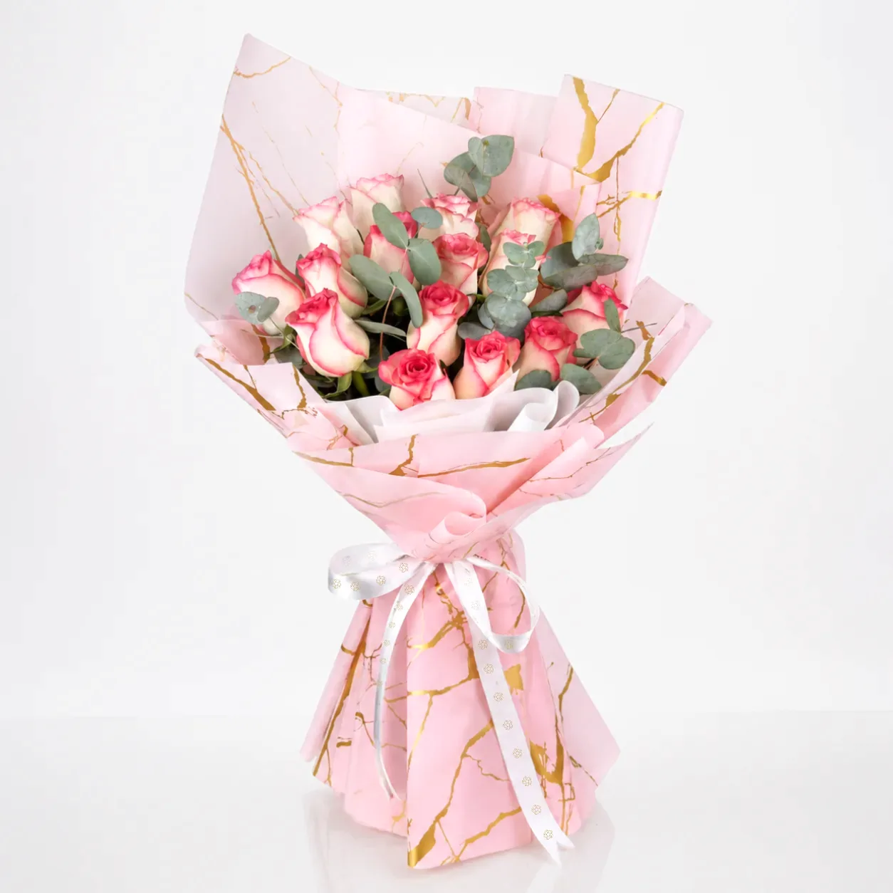 15 Pink Jumelia Roses Bouquet with fresh two-tone pink roses and elegant wrapping