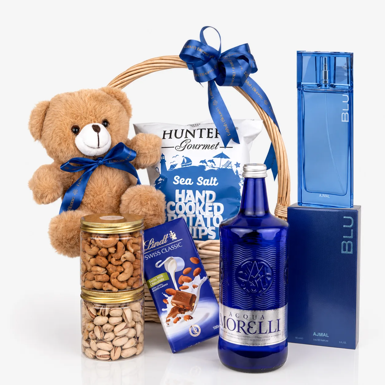 Blu Perfume & Gourmet Gift Basket with premium fragrance, chocolates and assorted gourmet treats