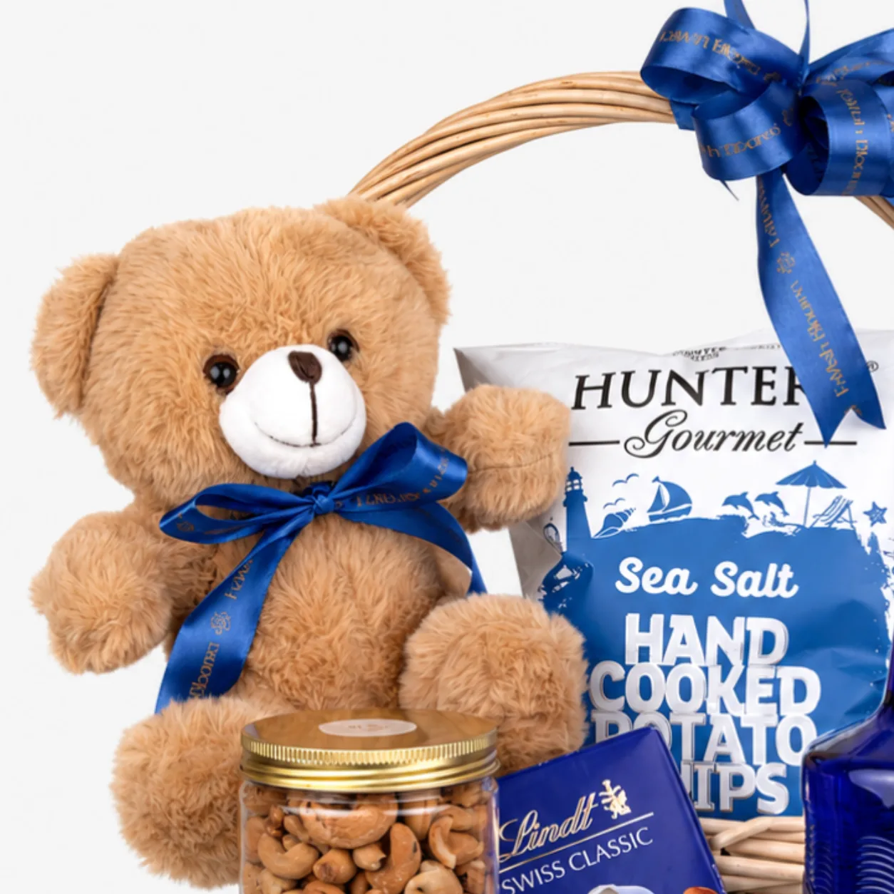 Elegant Blu Perfume & Gourmet Gift Basket with luxury fragrance, premium chocolates and gourmet snacks