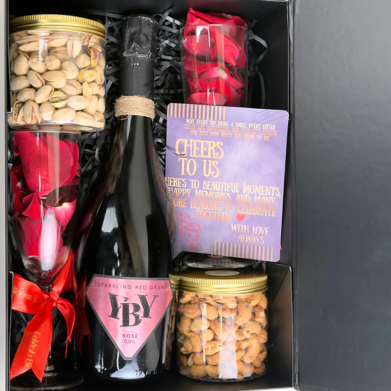 Sparkling Rosé & Premium Nuts Gift Box with elegant glassware, roasted nuts and a sophisticated celebratory presentation