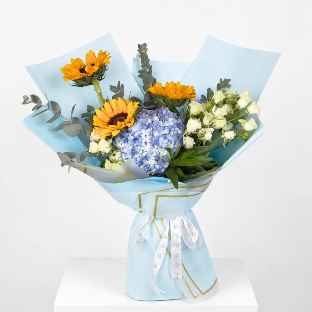 Sunflower & Blue Hydrangea Bouquet with bright yellow sunflowers and fresh blue hydrangea blooms