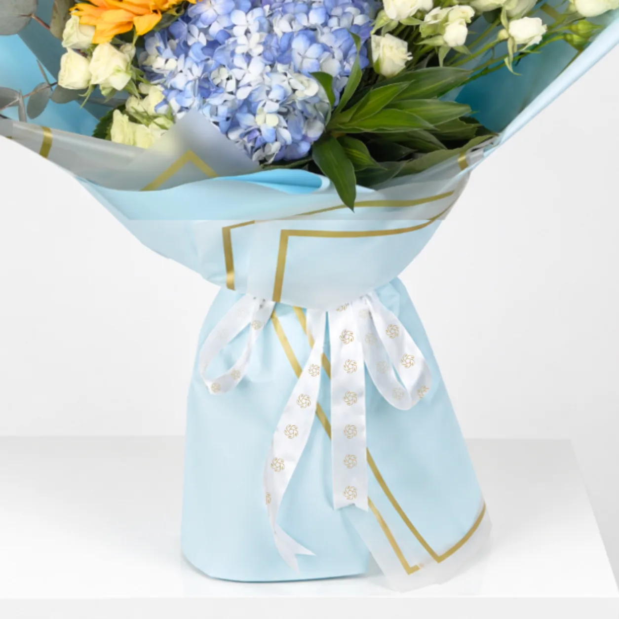 Yellow Sunflower & Blue Hydrangea Bouquet for birthdays, congratulations and cheerful gifting