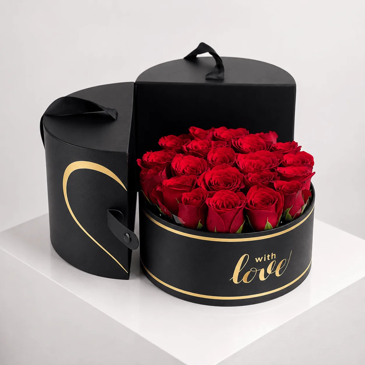 Red Roses in Black Leather Treasure Box with fresh premium roses and elegant romantic presentation
