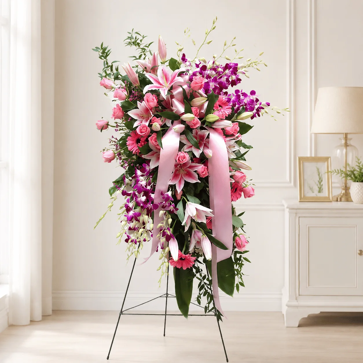 Grand Pink Lily & Purple Orchid Floral Stand with fresh lilies, orchids and elegant greenery