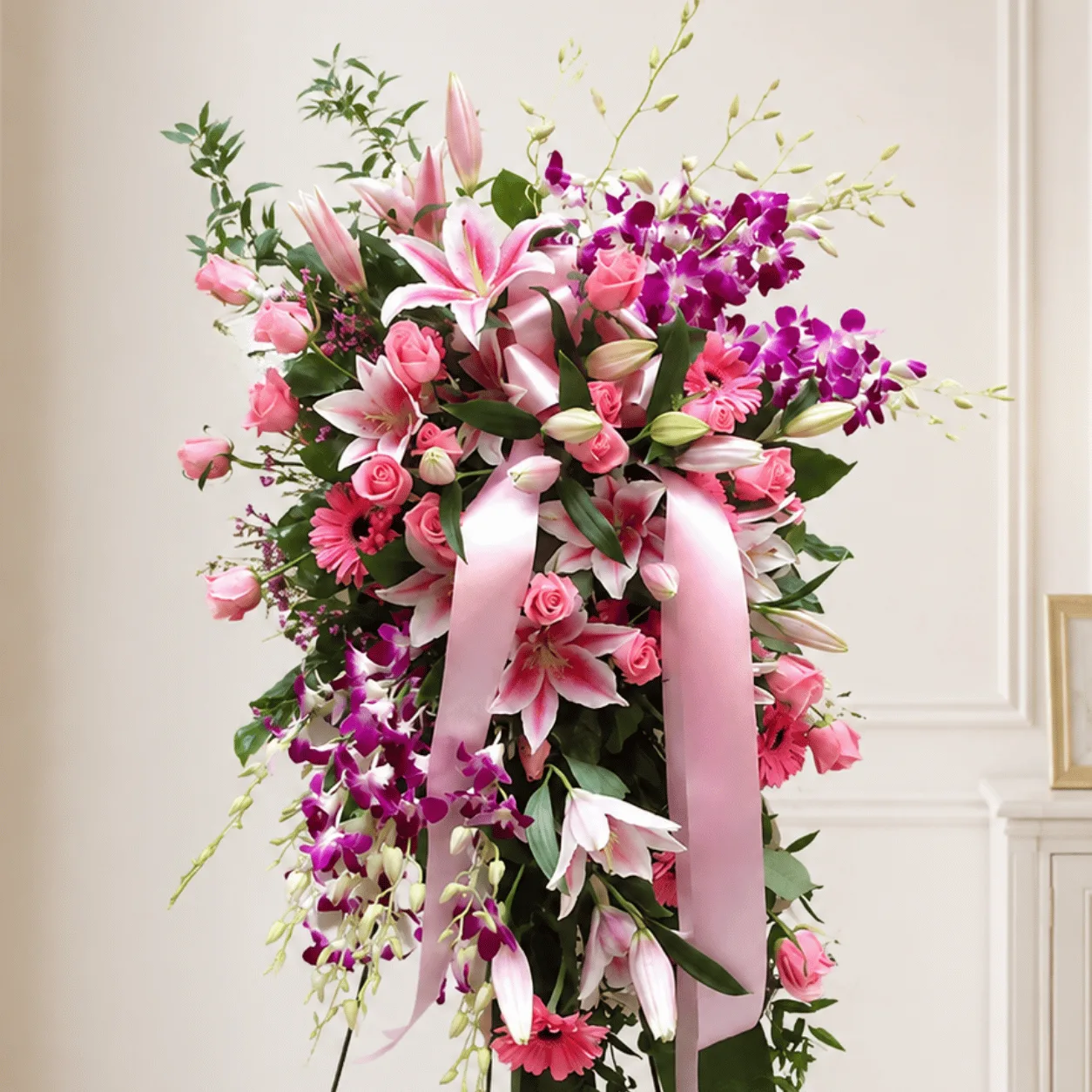 Grand floral stand featuring pink lilies, purple orchids and seasonal blooms for special occasions