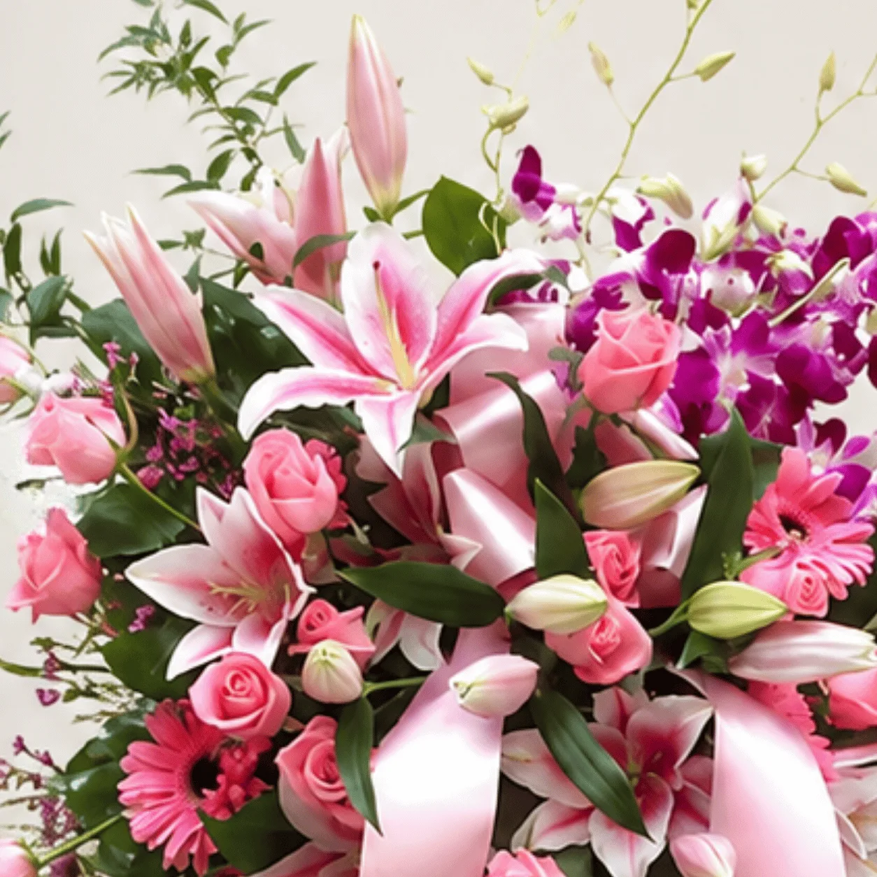 Premium Pink Lily & Purple Orchid Floral Stand for weddings, celebrations, congratulations and luxury gifting