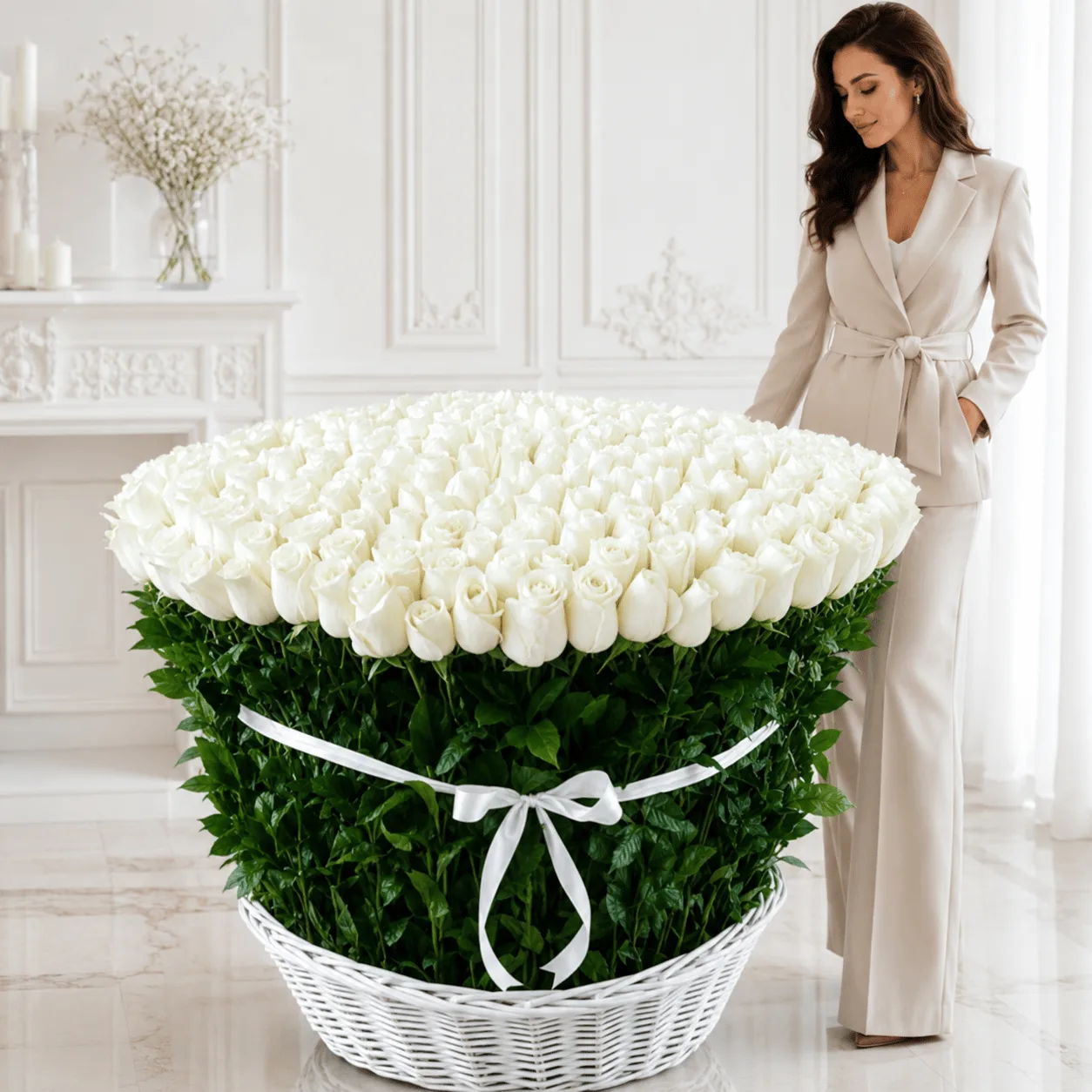 Premium 301 White Roses Luxury Basket for anniversaries, weddings, congratulations and special occasions