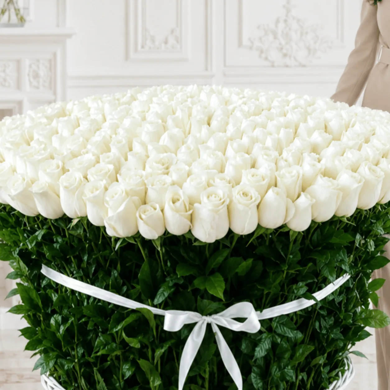 Luxury basket arrangement featuring 301 premium white roses for sophisticated celebrations and gifting