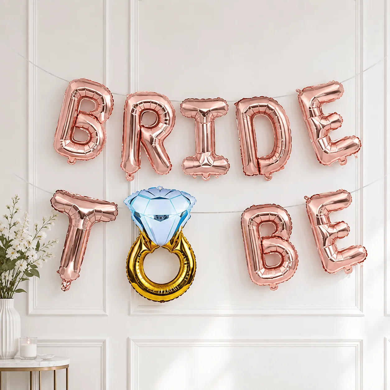 Bridal celebration balloon decoration with Bride To Be letters and decorative ring balloon