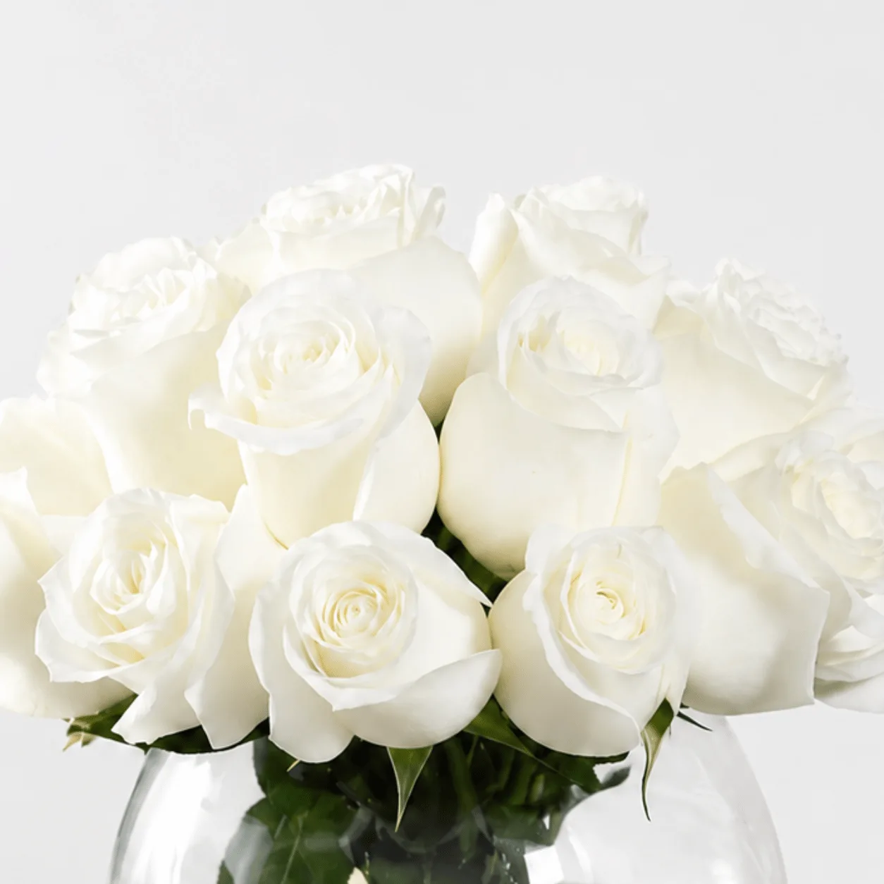 Elegant white rose arrangement featuring 31 roses in a round glass vase