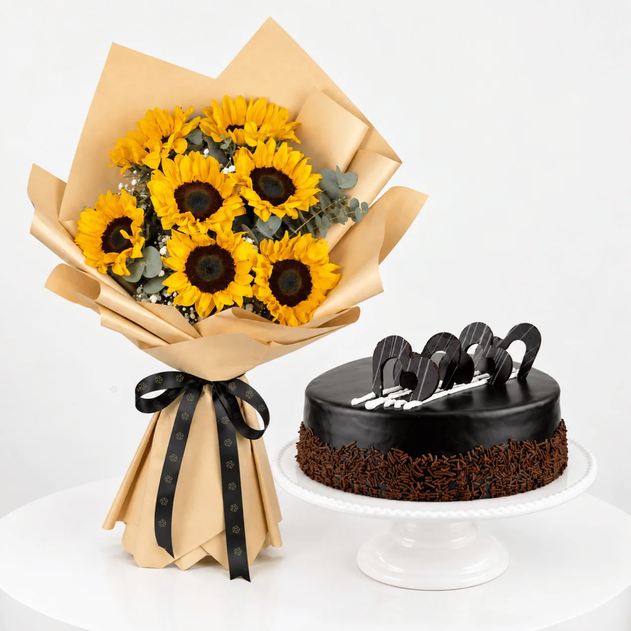 Bright Sunflower Bouquet with Truffle Cake 1 Kg in Dubai