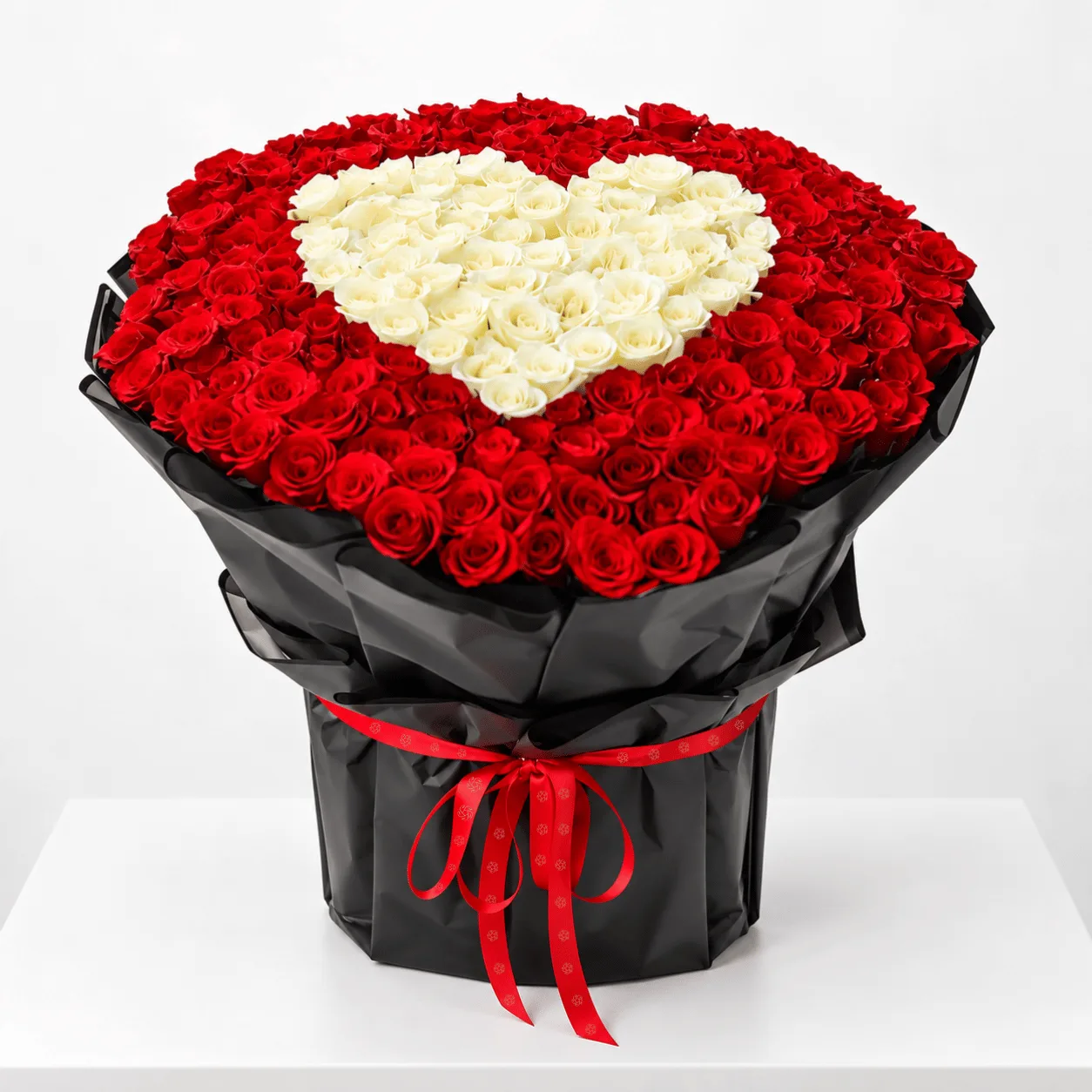 Grand 401 red and white rose love arrangement with a heart-shaped centre by FaVish Blooms Dubai.