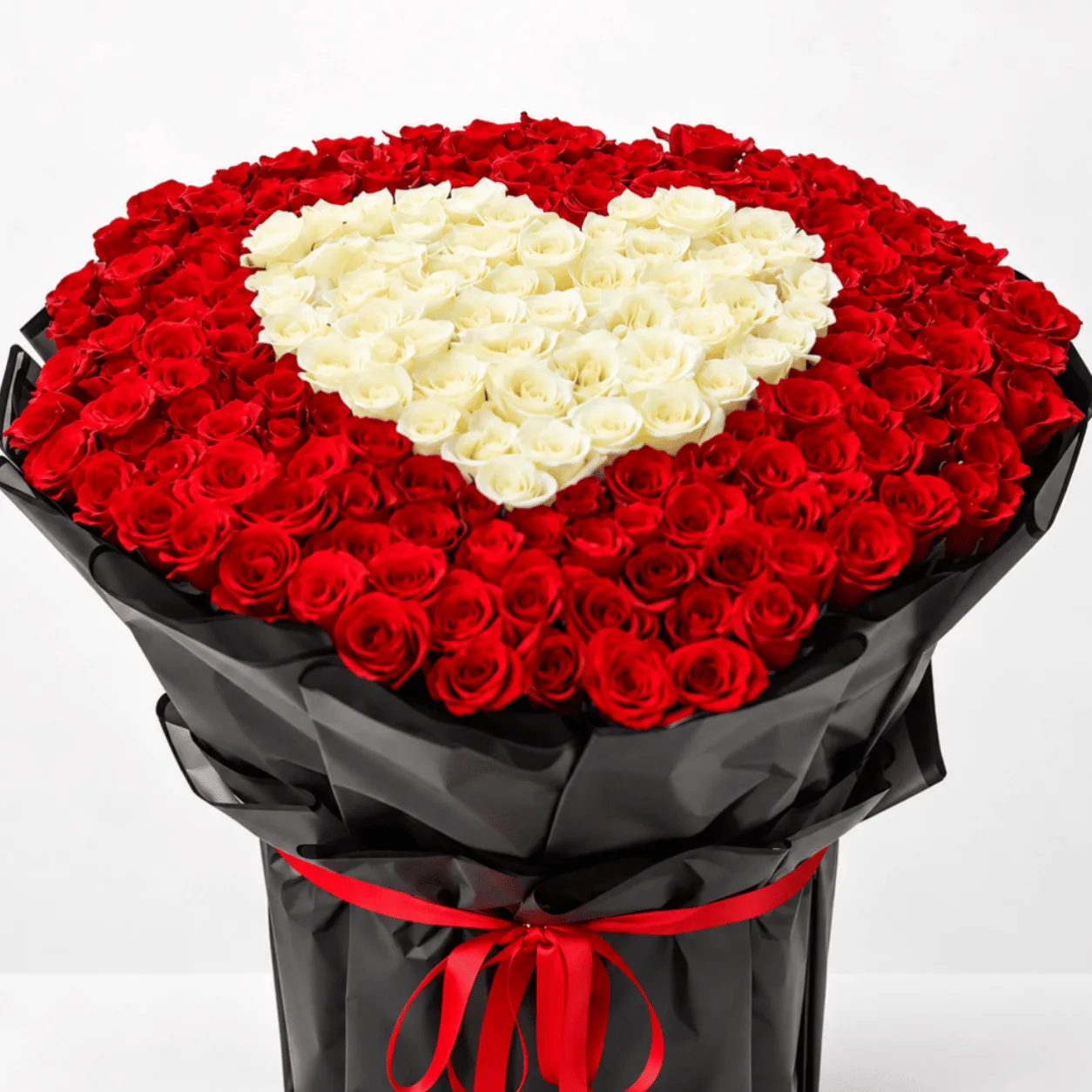 Luxury 401 red and white roses arrangement with an elegant heart design in Dubai.