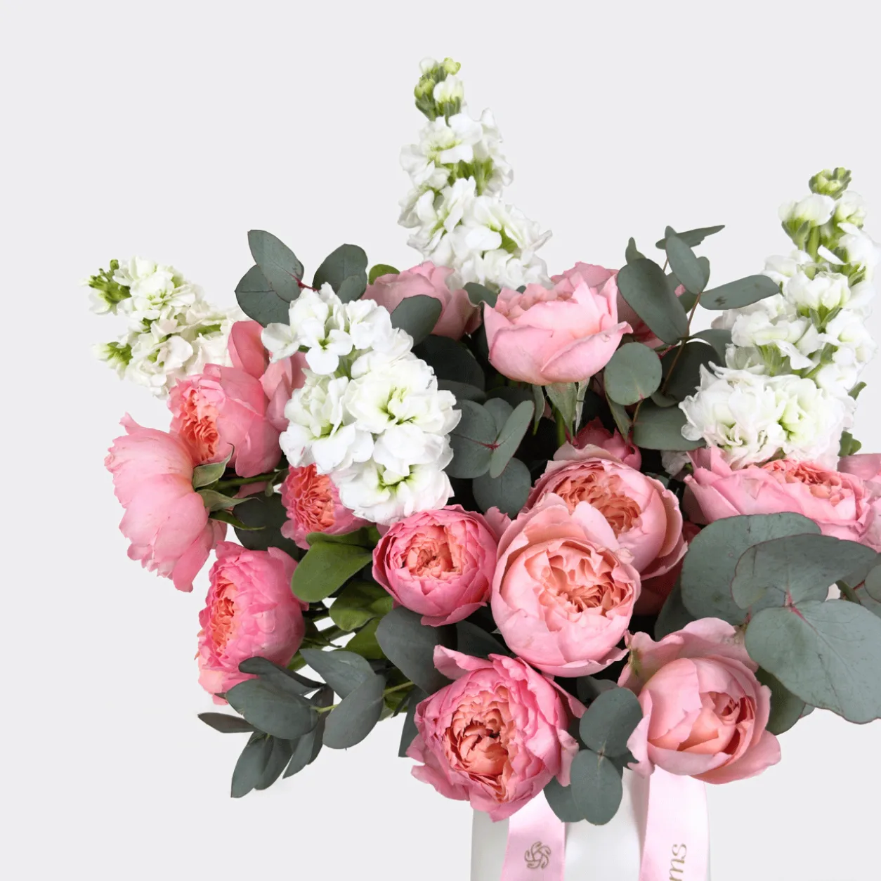 Elegant 11 Juliet Spray Roses with White Matthiola in Glass Vase