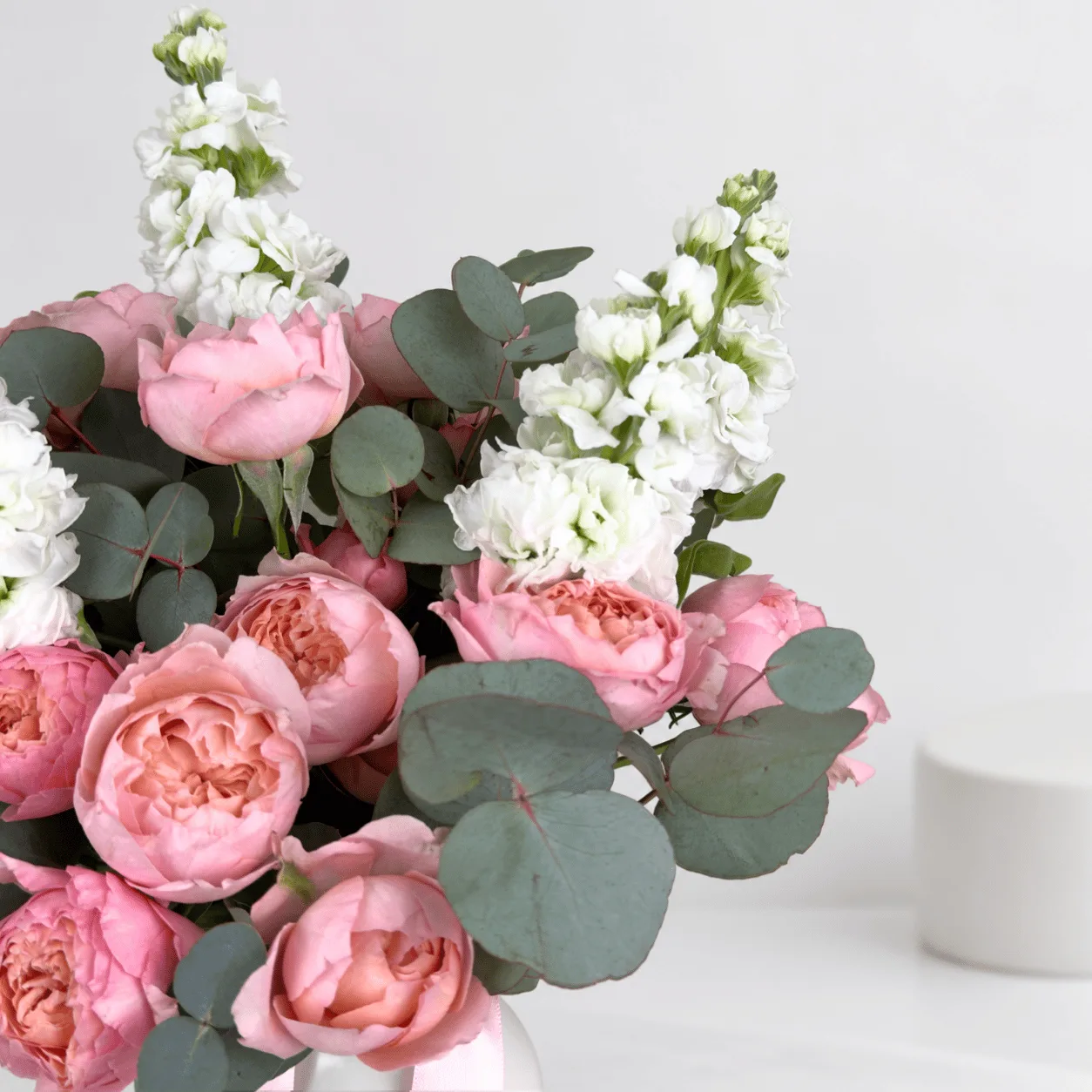 Premium Juliet Spray Rose and White Matthiola Flower Vase Gift