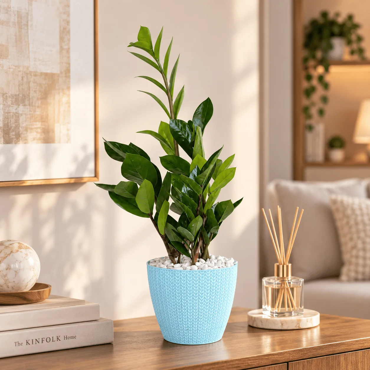 Elegant Zamioculcas Plant in Blue Pot for home and office décor in Dubai.