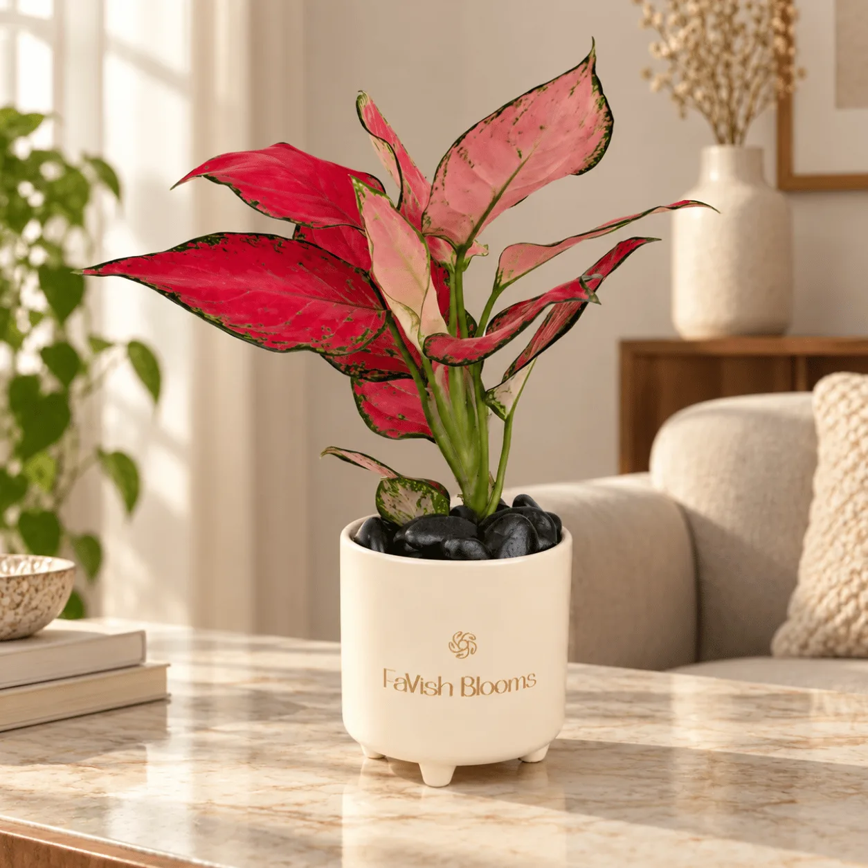 Fresh Red Aglaonema Plant arranged in a stylish ceramic pot, ideal for indoor décor, office spaces, housewarming gifts and plant delivery in Dubai.