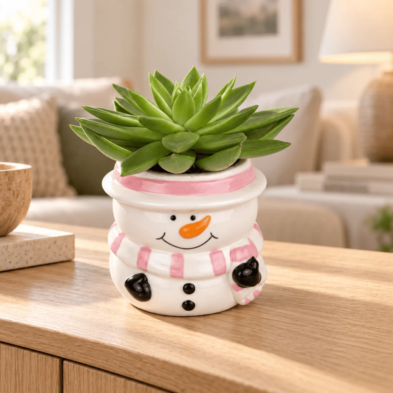 Green Succulent in Snowman Ceramic Pot