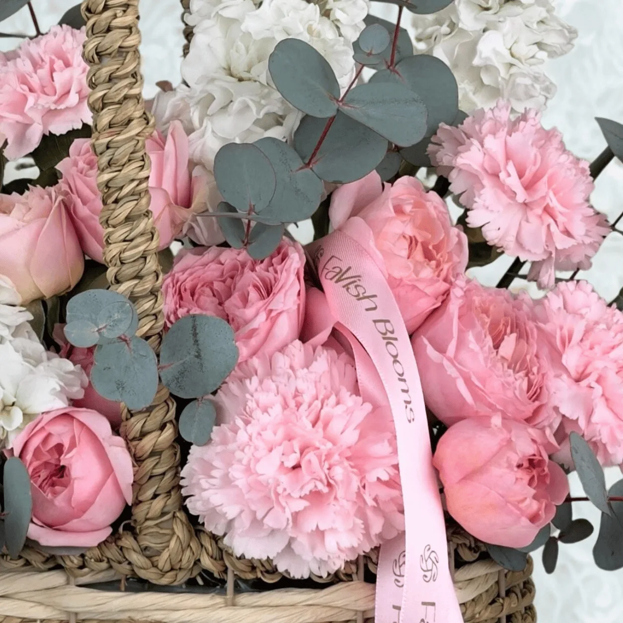 Juliette Rose & Matthiola Flower Basket featuring delicate blooms for elegant gifting in Dubai.