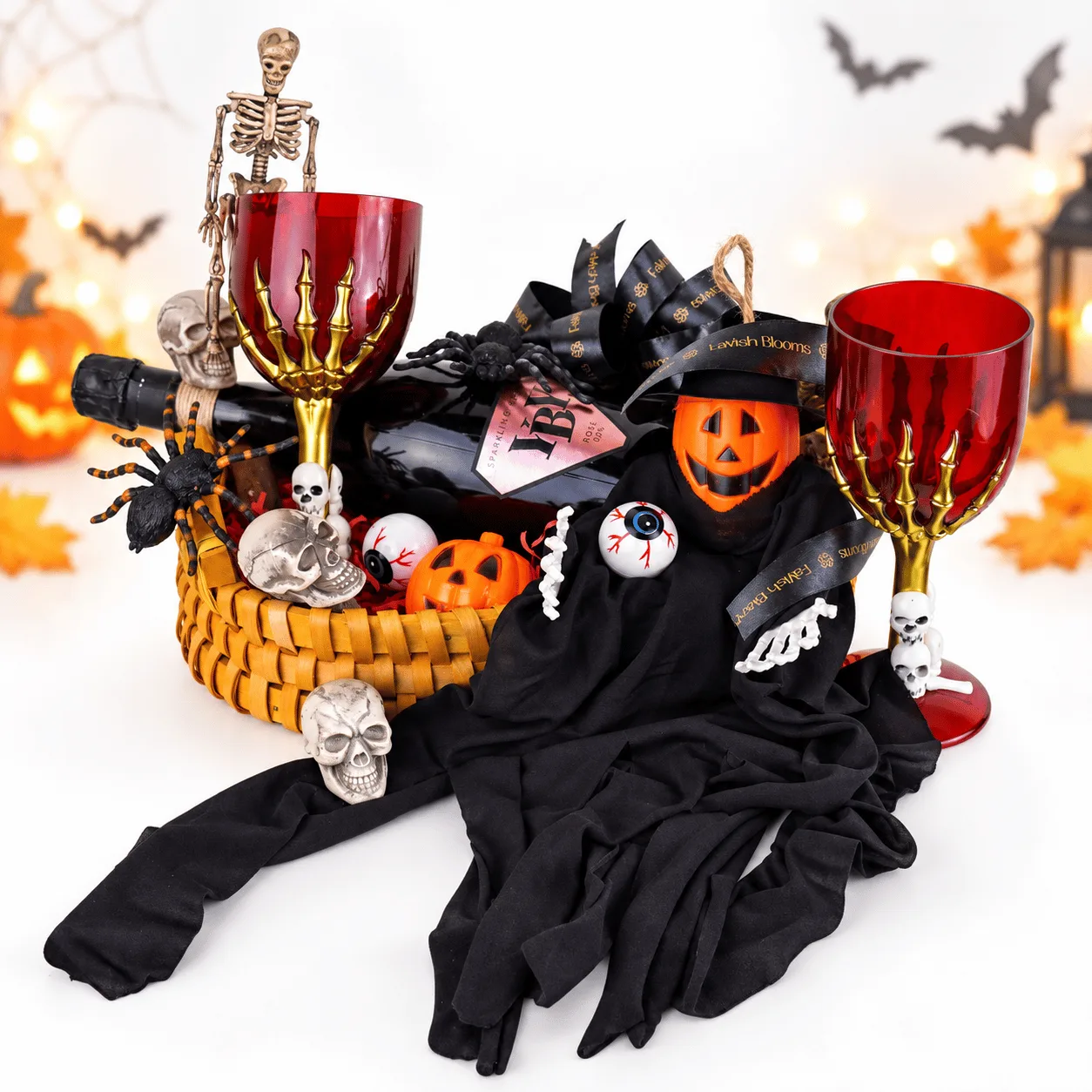 Haunted Halloween Sparkling Rosé Gift Basket with elegant festive packaging and spooky Halloween decorations.