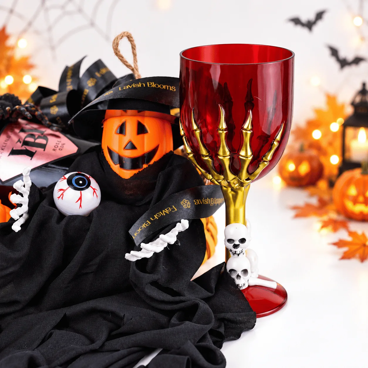 Side view of Haunted Halloween Sparkling Rosé Gift Basket showcasing premium gift presentation and Halloween-themed details.