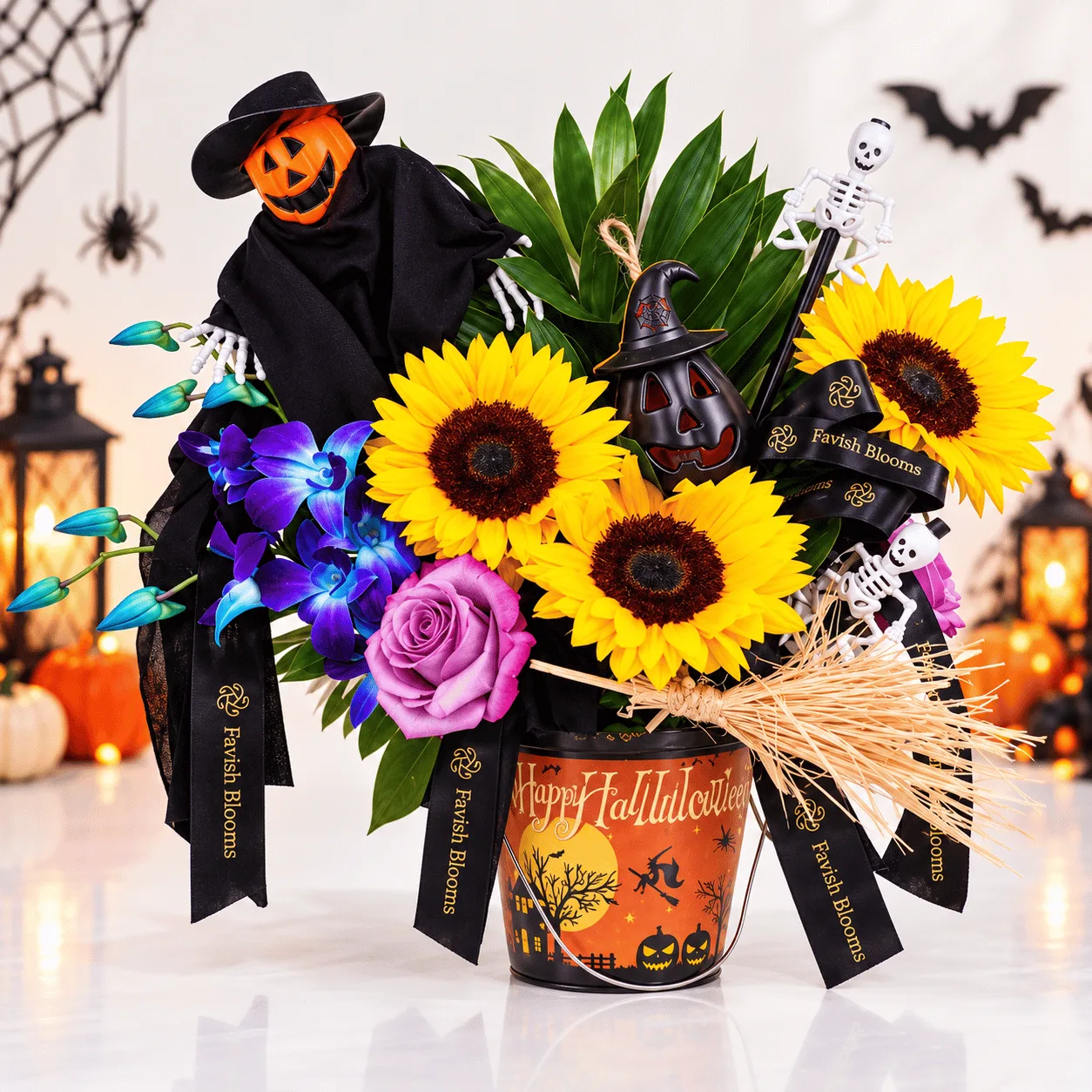 Elegant Spooky Pumpkin Halloween Flower Arrangement featuring autumn blooms in a pumpkin-inspired floral design.