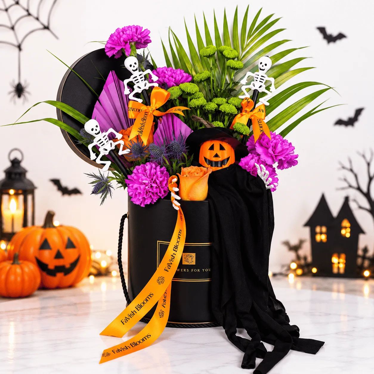 Haunted Halloween Pumpkin & Skeleton Flower Box
