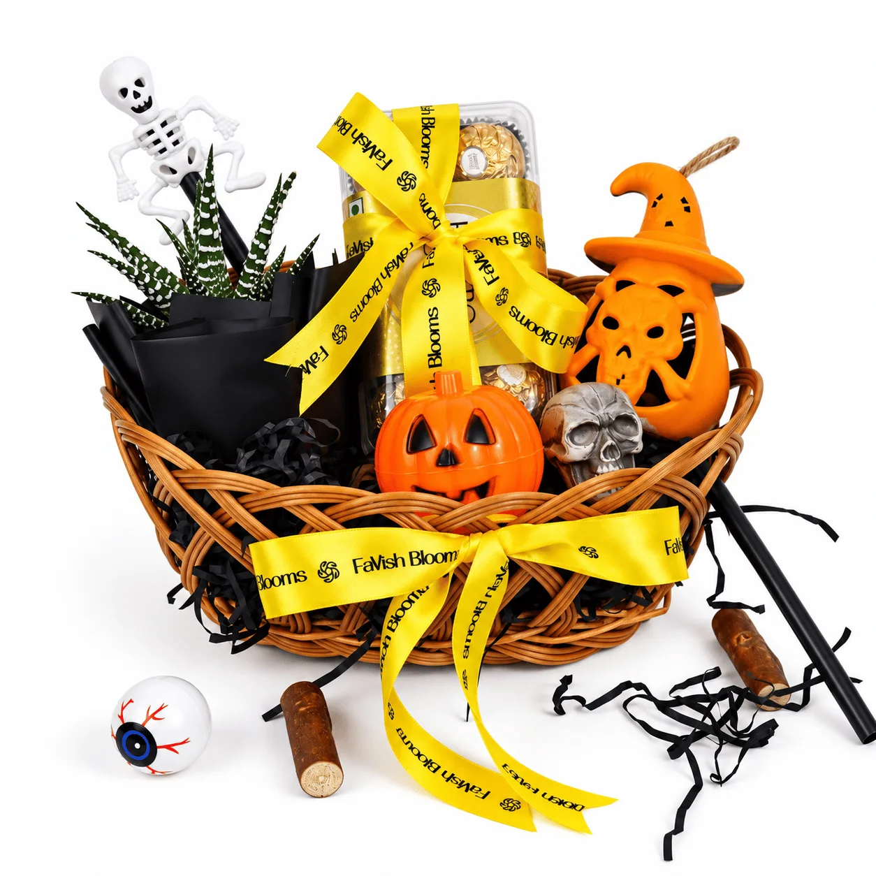 Spooky Halloween Chocolate & Pumpkin Gift Basket beautifully arranged with festive decorations for Halloween gifting in Dubai.