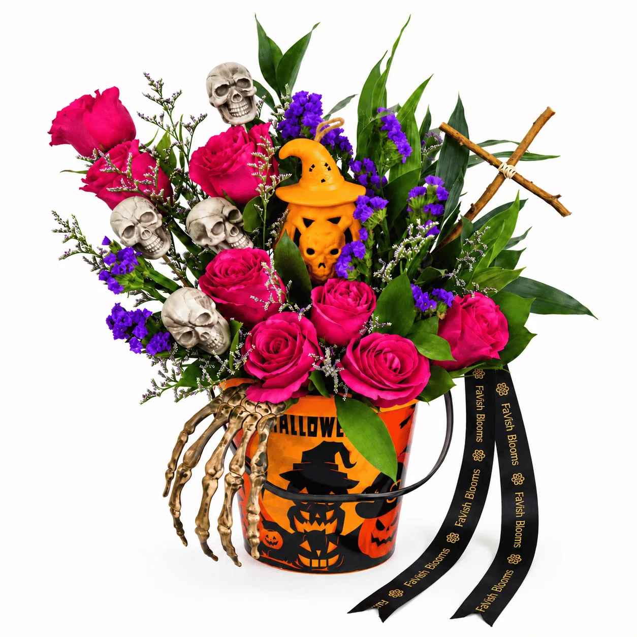Haunted Halloween Pink Roses & Skeleton Flower Bucket displayed in a spooky festive setting, perfect for Halloween gifting and decoration.