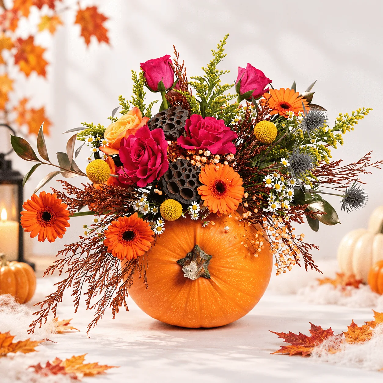 Halloween Pumpkin Floral Arrangement featuring vibrant seasonal flowers in a decorative pumpkin basket.