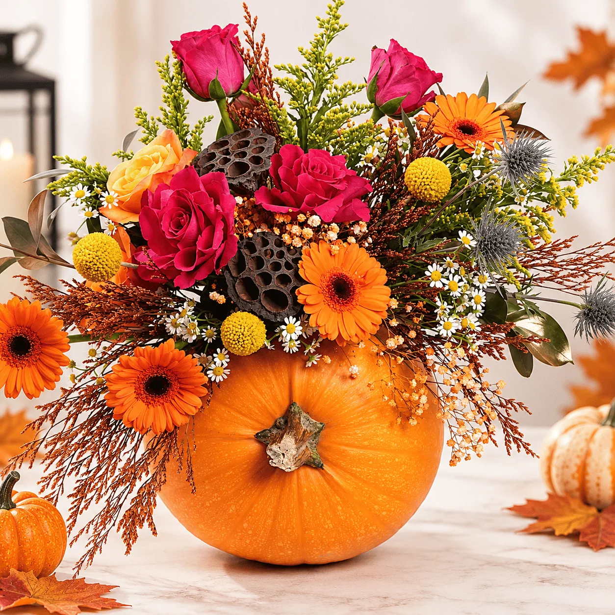 Close-up of Halloween Pumpkin Floral Arrangement showcasing fresh seasonal flowers, delicate petals, and rich autumn colors.