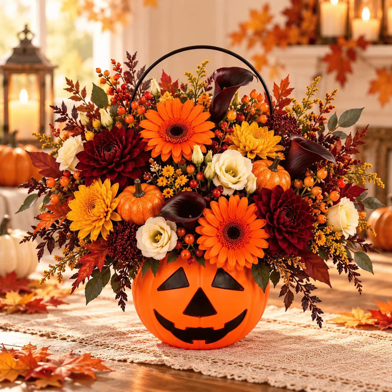Enchanted Halloween Gerbera & Calla Lily Pumpkin Basket featuring a festive floral arrangement in a decorative pumpkin basket.