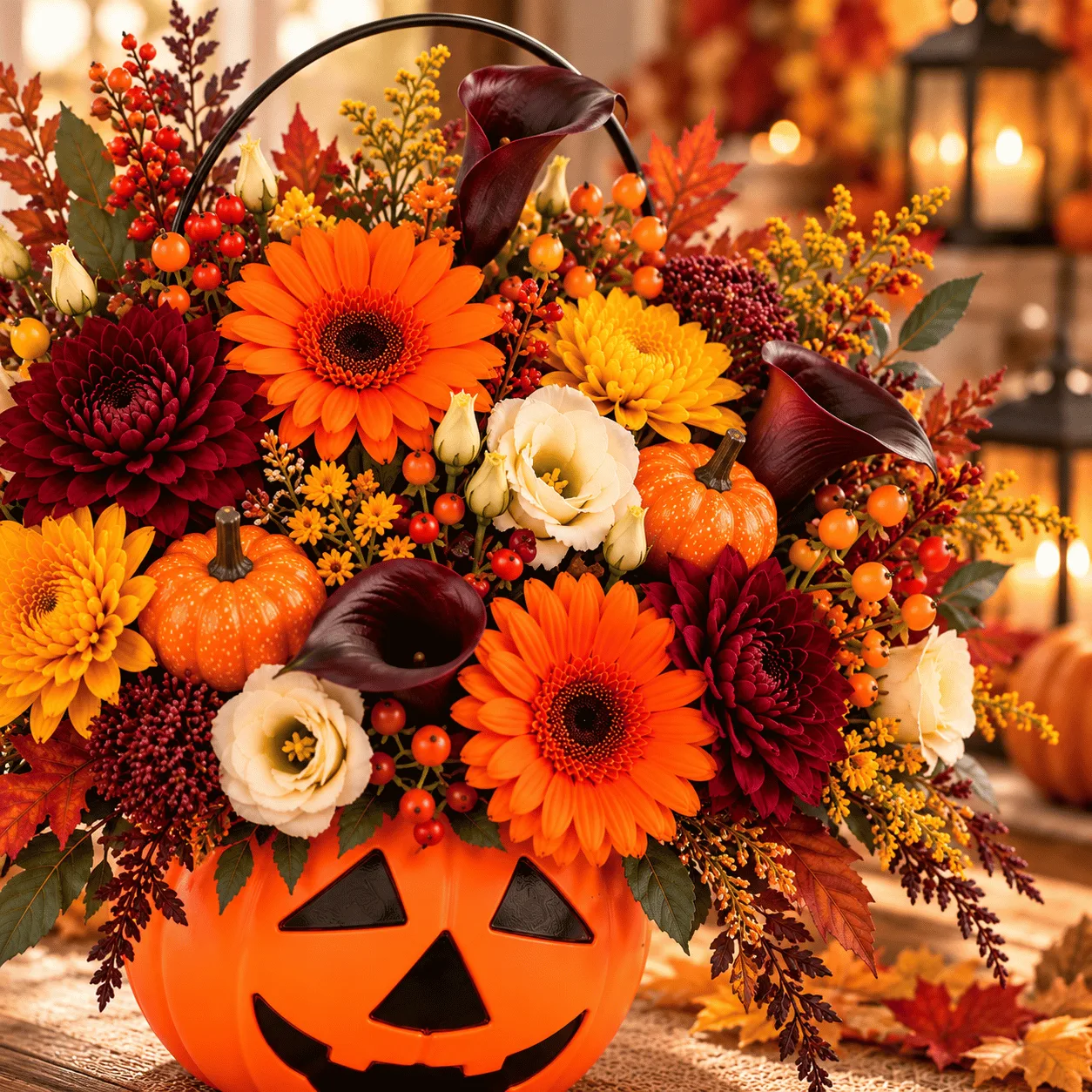 Side view of Enchanted Halloween Gerbera & Calla Lily Pumpkin Basket showcasing elegant flowers and seasonal Halloween styling.