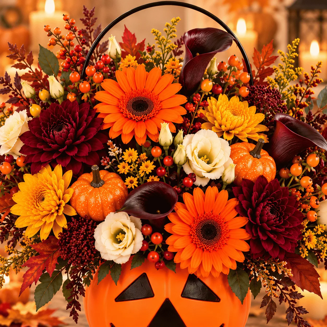 Close-up of fresh gerbera daisies and elegant calla lilies arranged in an Enchanted Halloween Pumpkin Basket.