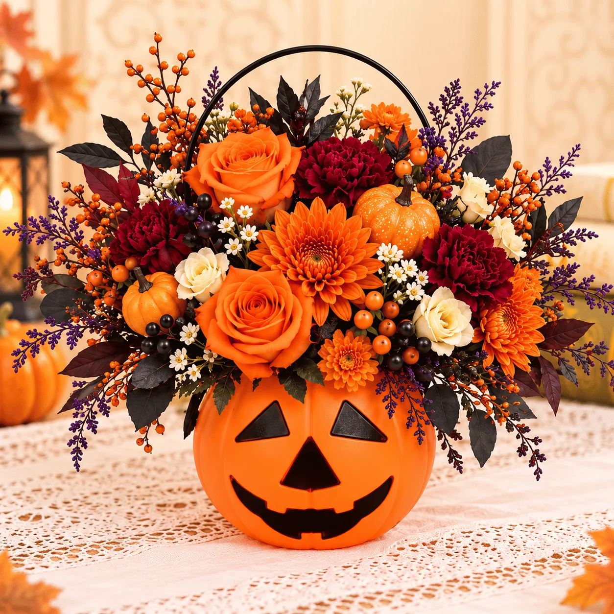 Spooky Pumpkin Bloom Basket featuring a beautiful Halloween floral arrangement with festive pumpkin decorations.