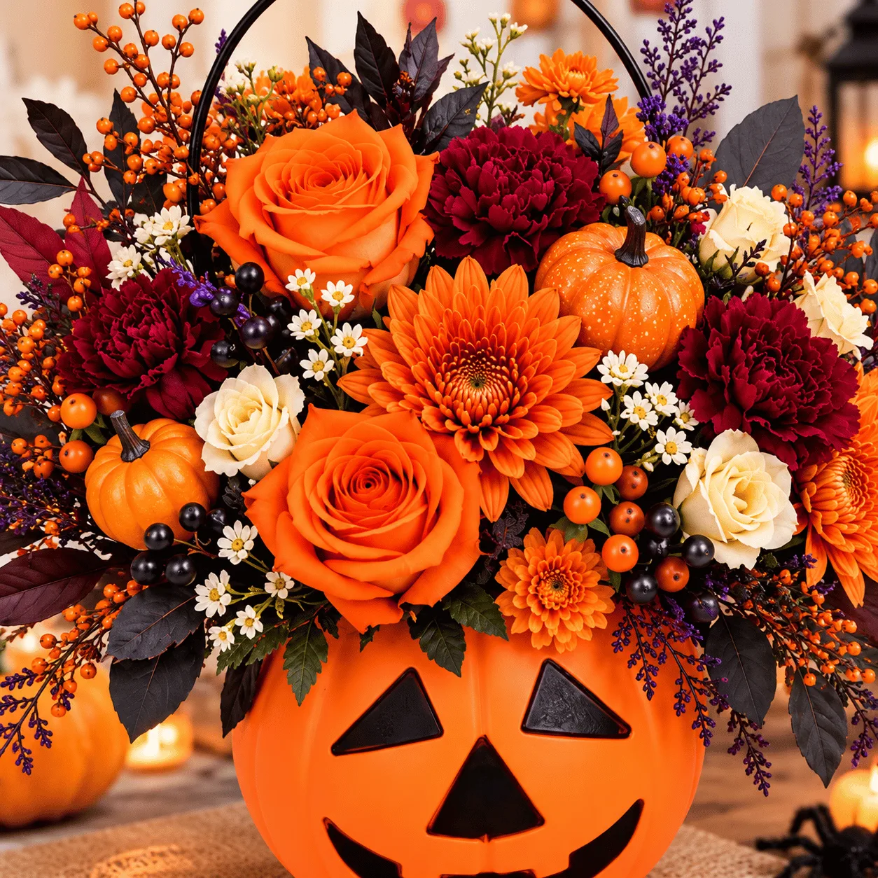 Elegant Spooky Pumpkin Bloom Basket showcasing colorful seasonal flowers and charming Halloween-inspired details.