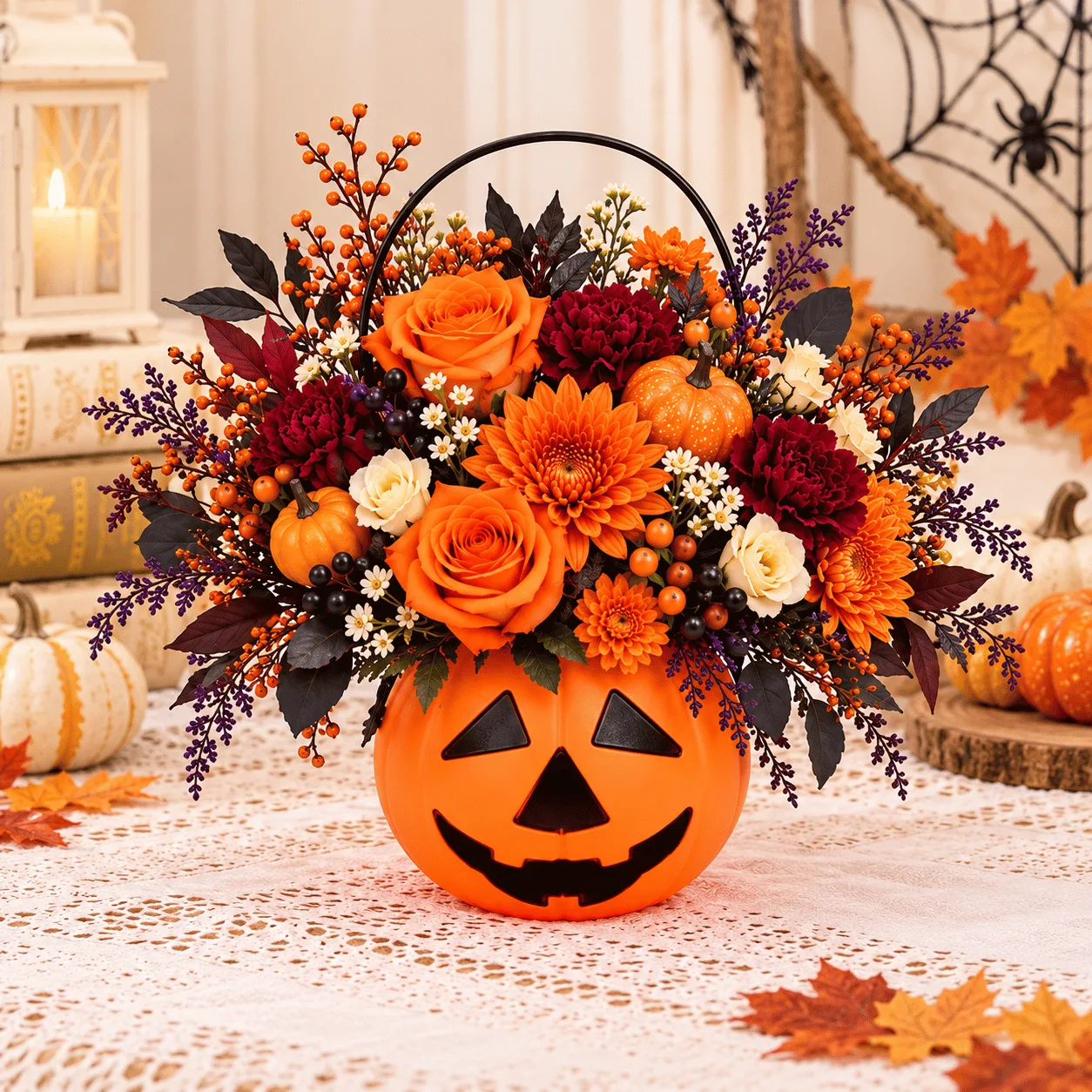 Close-up of Spooky Pumpkin Bloom Basket highlighting fresh blooms, rich autumn colors, and spooky pumpkin accents.