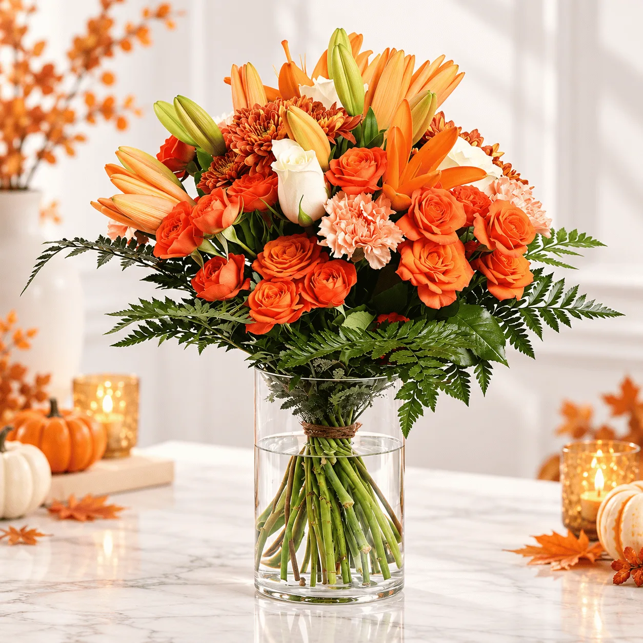 Autumn Glow Halloween Glass Vase Arrangement featuring beautiful seasonal flowers in a stylish glass vase.