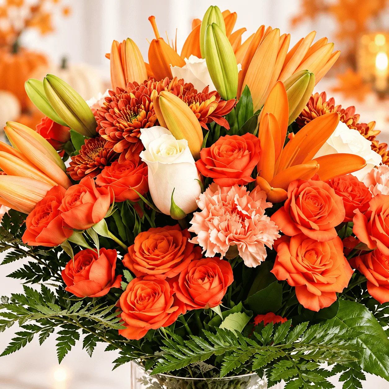 Elegant side view of Autumn Glow Halloween Glass Vase Arrangement with warm autumn colours and festive Halloween styling.