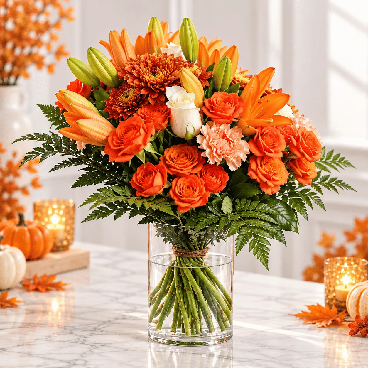 Detailed close-up of Autumn Glow Halloween Glass Vase Arrangement highlighting vibrant flowers, petals and seasonal textures.
