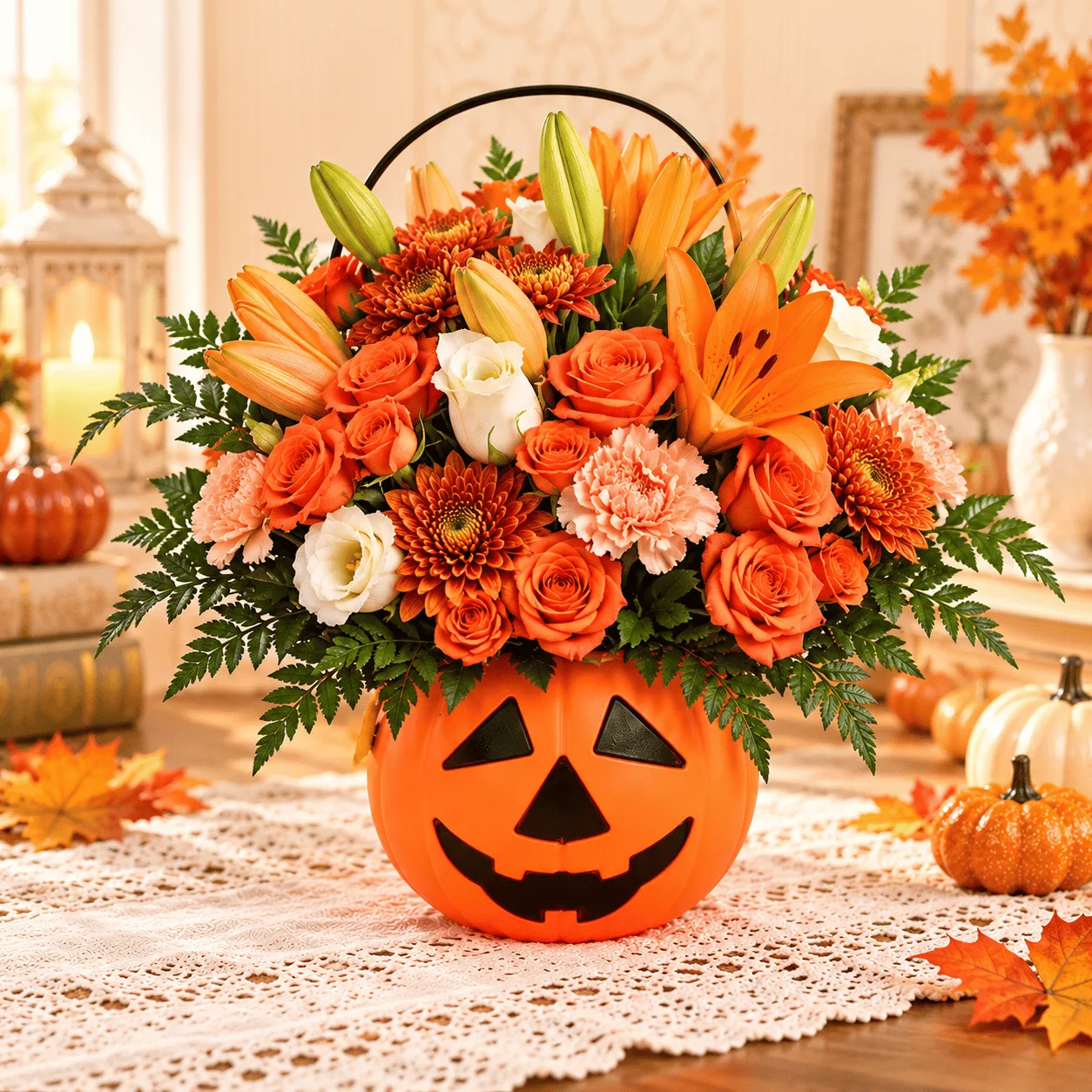Autumn Glow Halloween Lily & Rose Pumpkin Basket featuring vibrant lilies and elegant roses in a festive pumpkin-themed floral arrangement.